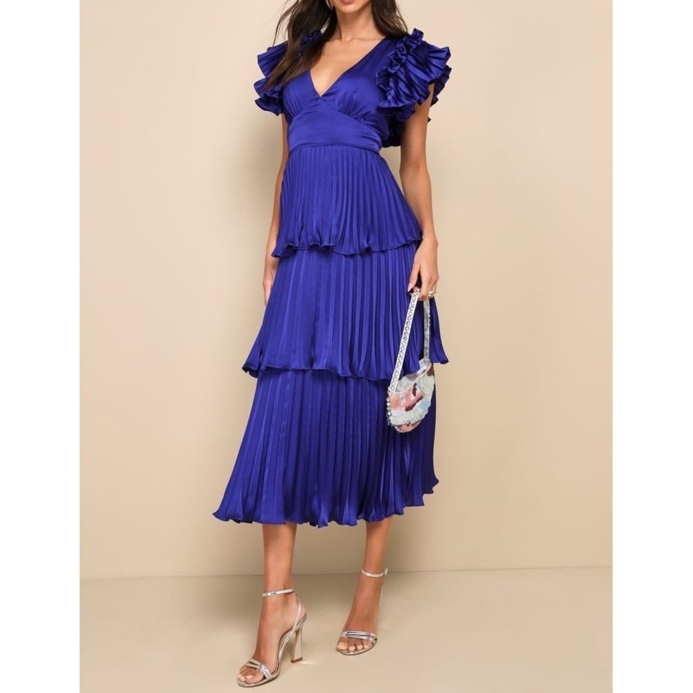 NWT Lulus Stunning Desire Cobalt Blue Satin Pleated Tiered Midi Dress Large